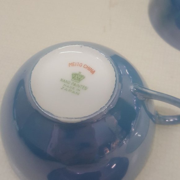 Meito China Handpainted in Japan Blue Orange Lusterware Cups Saucers Set of 4 - Picture 8 of 8